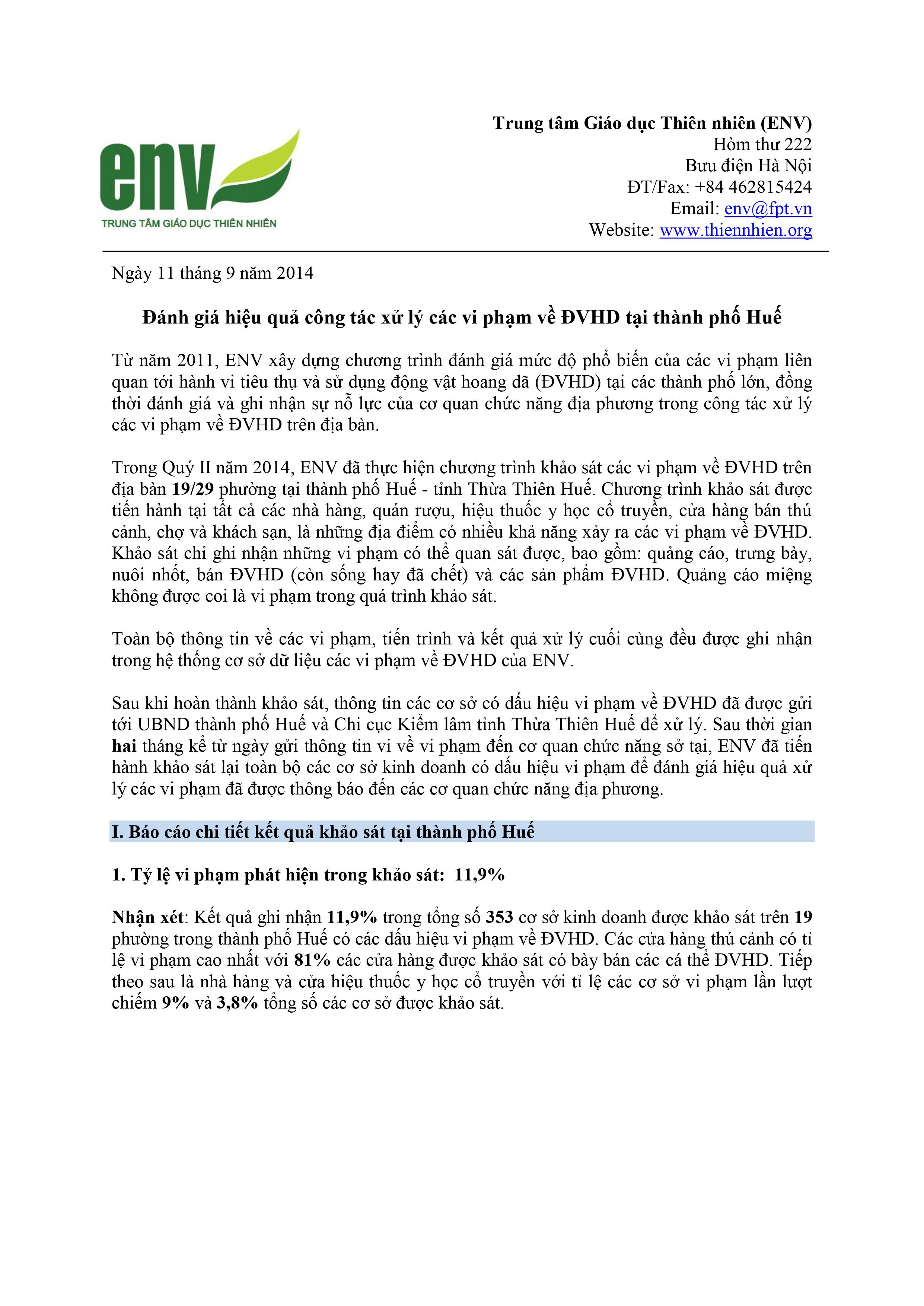 Báo cáo đánh giá hiệu quả xử lý vi phạm tại Huế