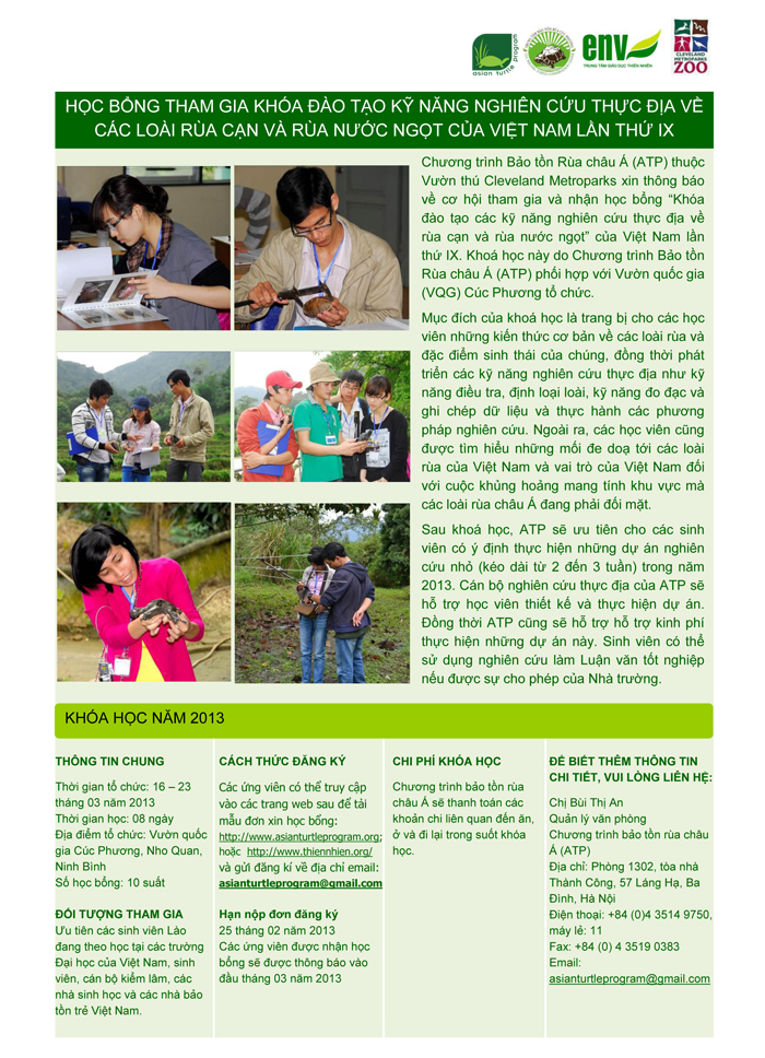  Học bổng đào tạo kỹ năng nghiên cứu thực địa về các loài rùa cạn và rùa nước ngọt của Viêt Nam
